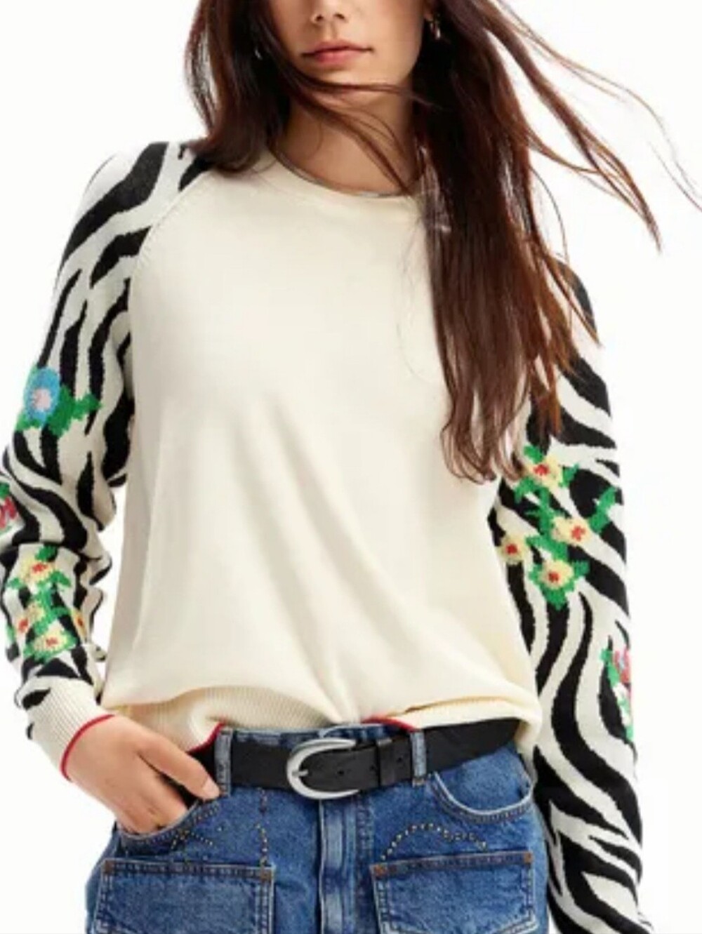 Desigual Floral Zebra Print Embroidered Sweater